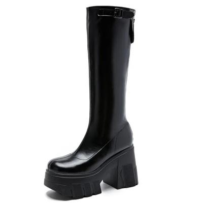 Fashion 11cm Microfiber Leather Women High Brand Pumps Heels Shoes ZIP Knee High Ankle Boots Platform Wedge Fashion Pumps Shoes