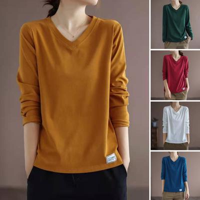 V-neck Solid Color All-match Long-sleeved T-shirt Women's Plus Size Women's Loose and Thin Bottoming Shirt Top