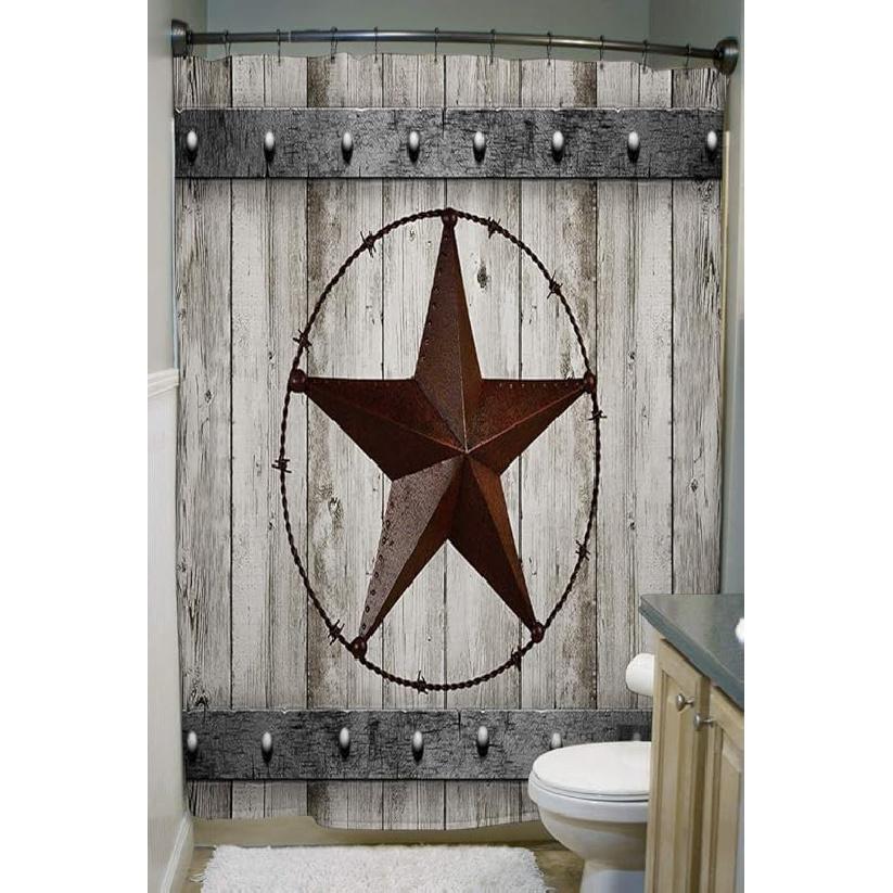

JAWO Rustic Barn Door Shower Curtain Set Southwestern Gray Wood Western Star Bathroom Decor, Farmhouse Bath Accessory Decor, Fabric Cloth Curtains, 36 W x 72 L (Pack of 1)