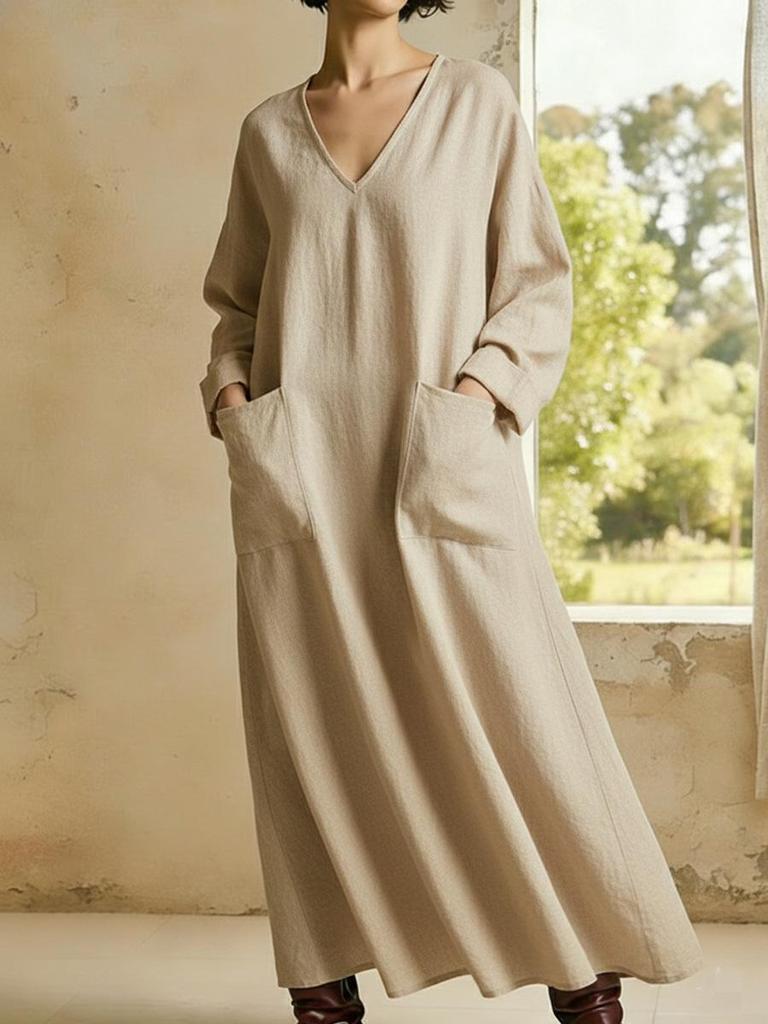 Robe décontractée unie à manches longues en coton et lin, col en V, pour le printemps 2026 en Europe