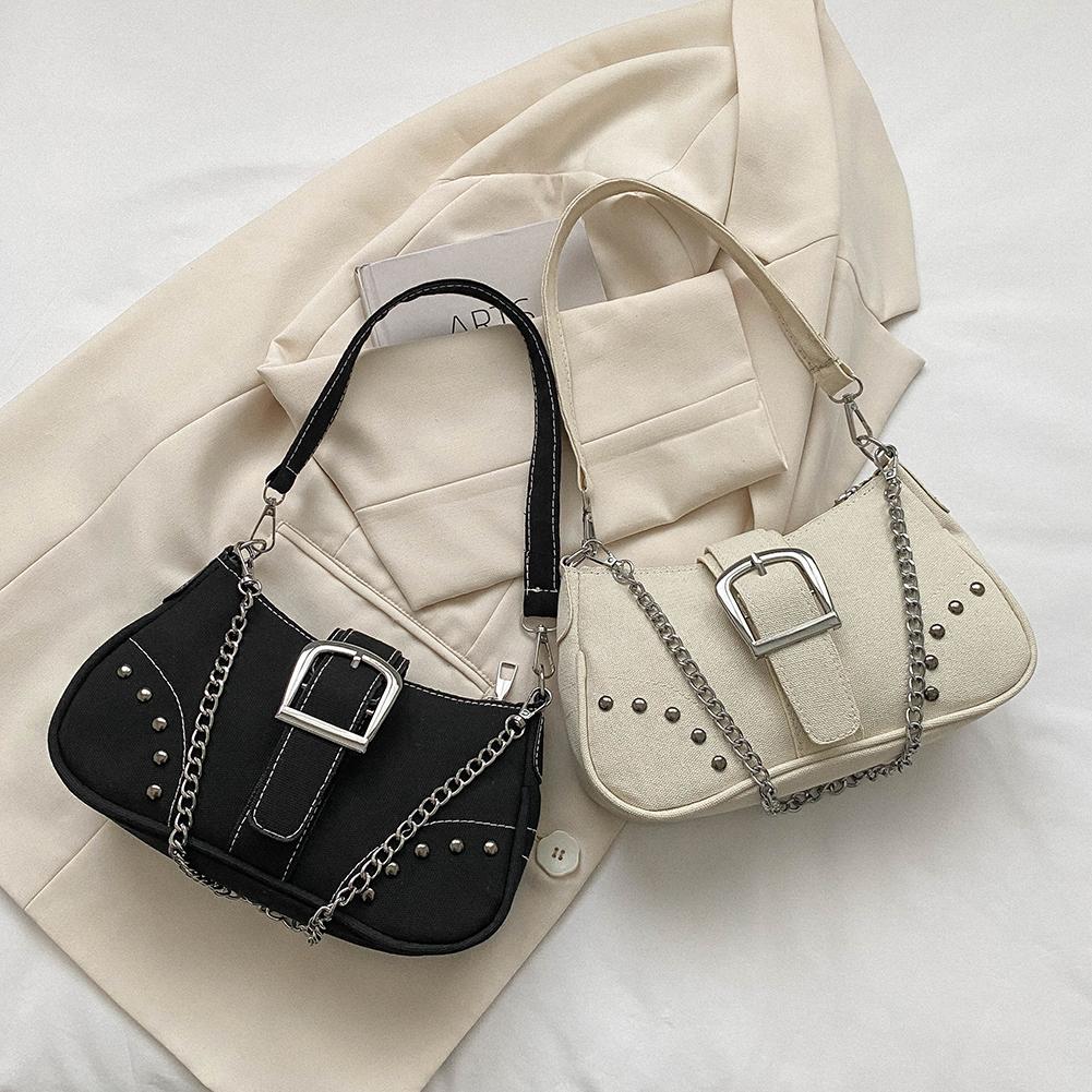 Women Fashion Underarm Bag Y2K Small Chain Bag Canvas Luxury Shoulder Bags Zipper Closure Versatile Dating Bag