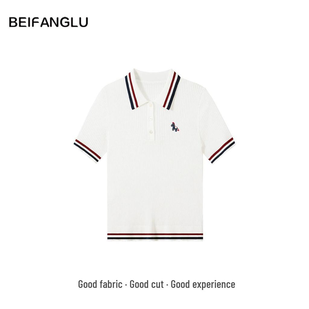 Northern Deer French Style Striped Knit Polo, Lyocell & Triacetate Short Sleeve