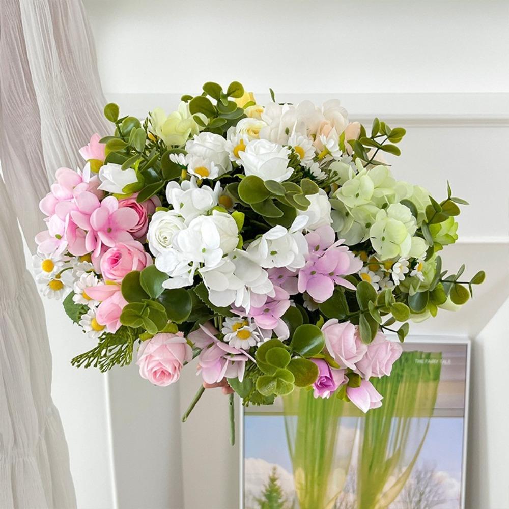 Simulated Artificial Flowers Hydrangea Daisy Silk Rose Bouquet Wedding Backdrop