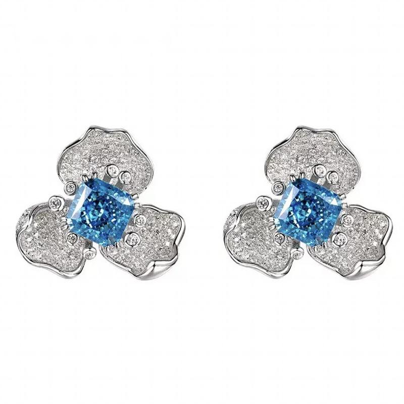 Longlong Gold S925 Silver Aquamarine & Diamond Flower Earrings for Women
