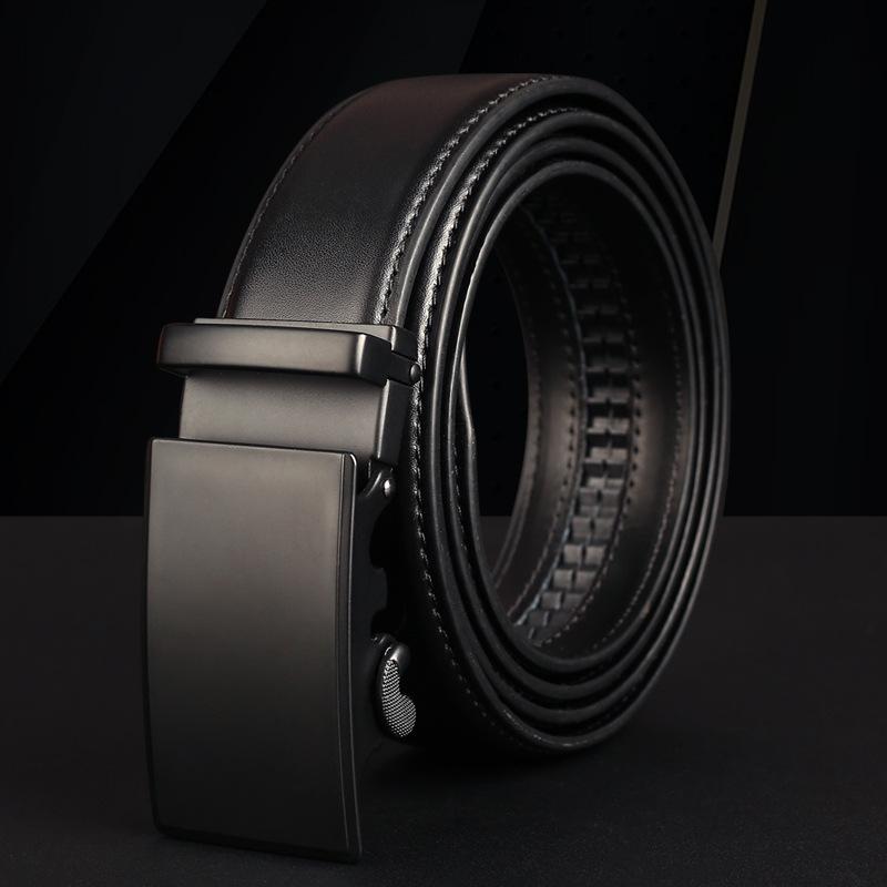 Men's Leather Belt, Men's Automatic Buckle Head, Cowhide, Business Casual, Black, Minimalist, Trendy Youth Belt
