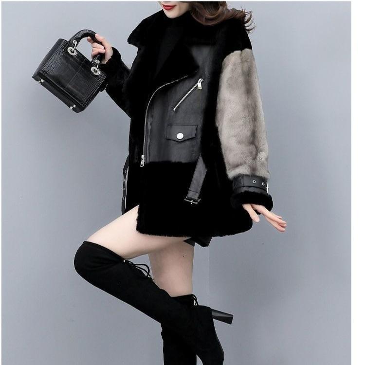 Damen Stilvoller Lockerer Gespleißter Kunstpelzmantel Kurze Lederjacke Warme Winteroberbekleidung