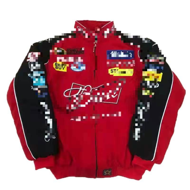 Giacca da Moto Invernale Calda da Uomo Imbottita in Cotone Abbigliamento Esterno Biker con Ricamo Retro Nero Rosso