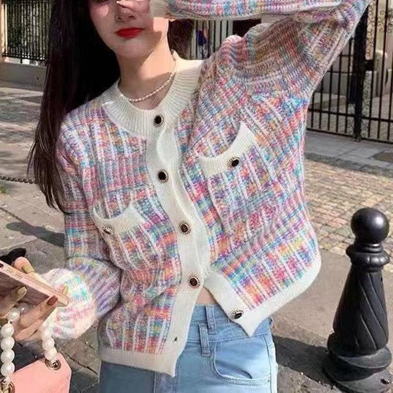 

Осенний корейский винтажный свободный вязаный кардиган в полоску в радужную полоску, женский классический свитер смешанного цвета, однобортные топы с карманами One Size белый