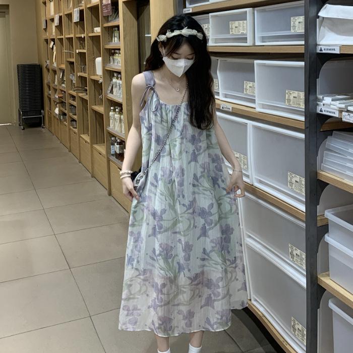 

[Original method + lining] Summer draped purple floral sundress, chiffon dress, women s mid-length skirt S