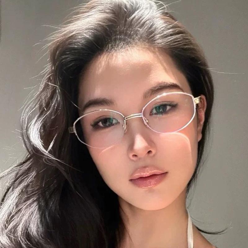 Vintage Old Money Style Metal Half-Rim Sunglasses for Women, Sun Protection, High-End Black Glasses, Hong Kong Style Fashion Sunglasses