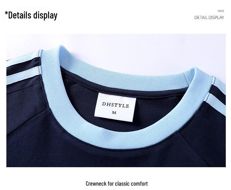 Unisex Solid Color Heavy Duty Combed Cotton T-Shirt, American Sports Style, Short-Sleeve with Three-Bar Ribbon, Summer Attire