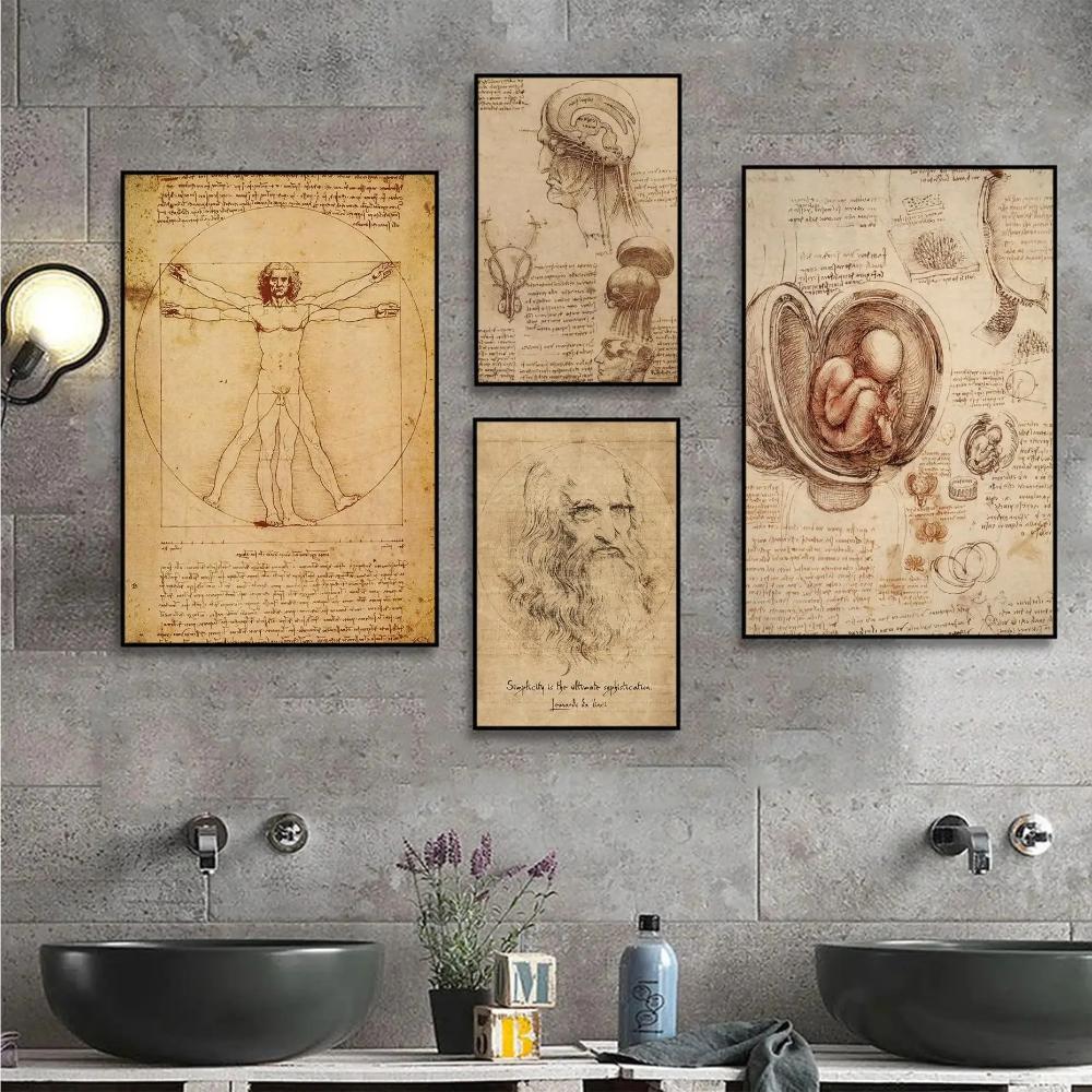 Leonardo Da Vinci El Yazması Vitruvius Adamı Vintage Posterler Retro Oda Bar Kafe Odası Duvar Dekoru Ev Oturma Odası Dekoru Resim