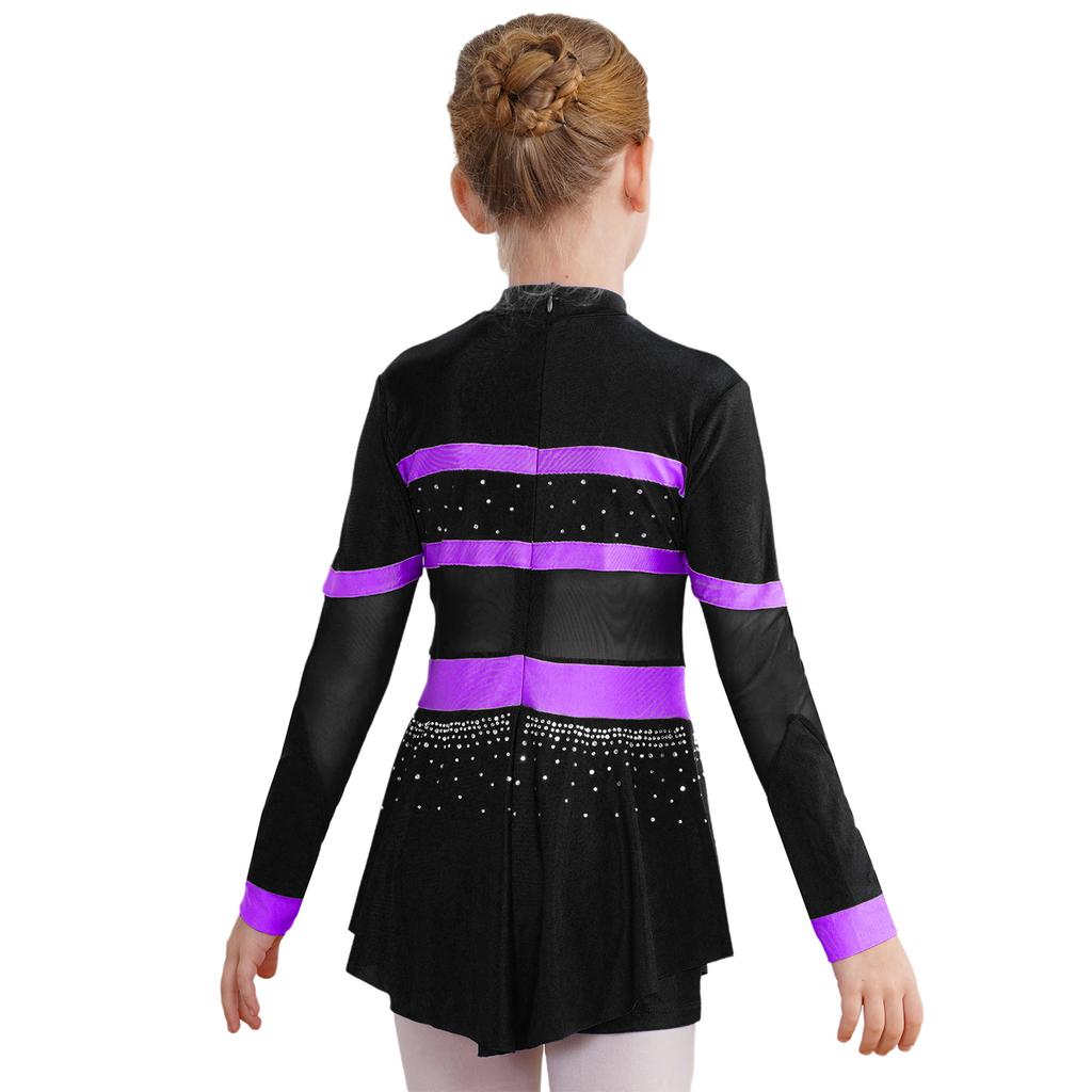 Girls One Piece Cheerleader Costume Long Sleeve Mesh Patchwork Shiny Diamonds Cheerleading Bodysuit