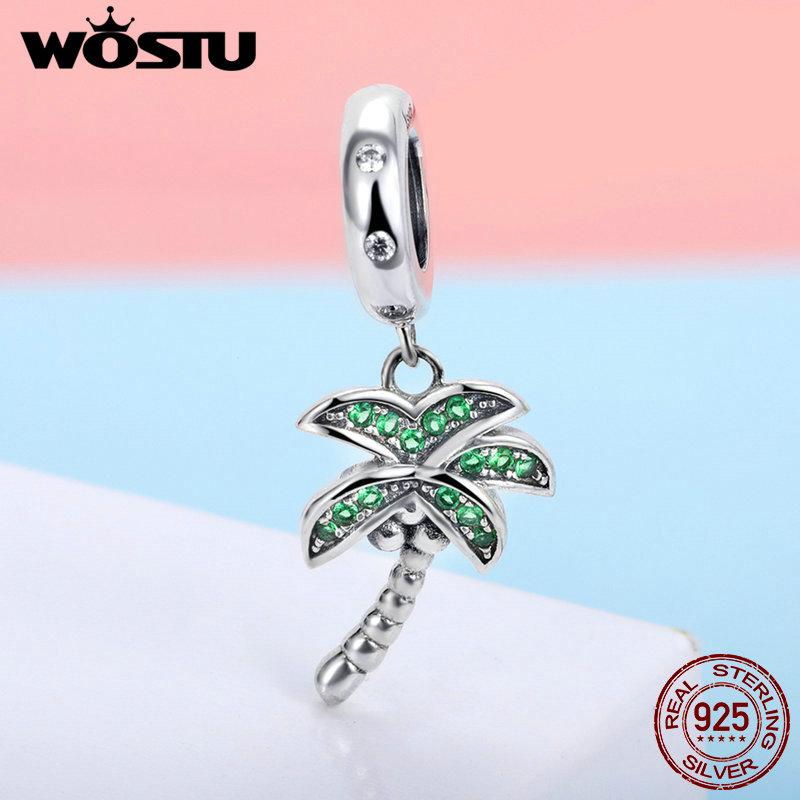 WOSTU Real 925 Sterling Silver Sparkling Palm Tree Charm With Clear CZ Fit Original Bracelet Pendant Authentic Jewelry