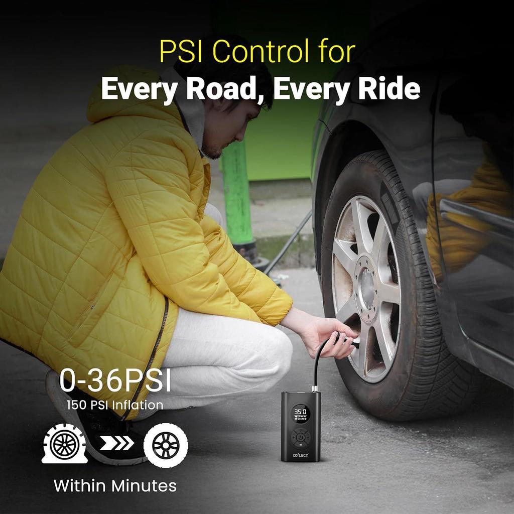 Smart Tyre Inflator | 150 PSI | Battery & 12V Car Port | 4000 mAh | Type C Port | Digital Display | 5 Air Fill Modes | Multi Nozzles | LED Light