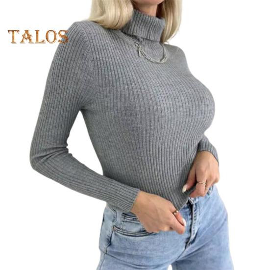 Damski sweter bazowy z wysokim kołnierzem Elastyczna oddychająca tkanina Jednolity kolor Dzianinowy pulower Styl leniwy Długi rękaw Dopasowany sweter