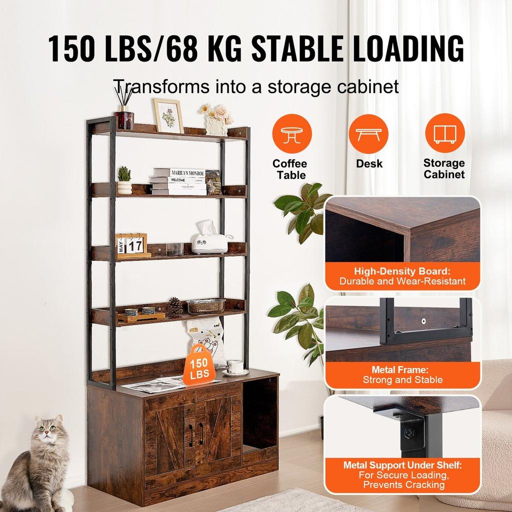 Cat Litter Box Enclosure Wooden Litter Box Furniture Hidden with 4 Shelves