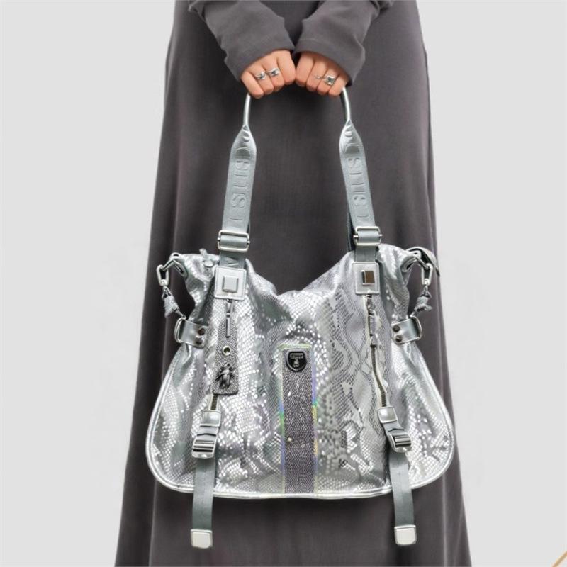 Ladies Temperament Socialite Sequined Tote Bag Large Capacity Elegant Snake Pattern Shoulder Handbag Standard серебряный