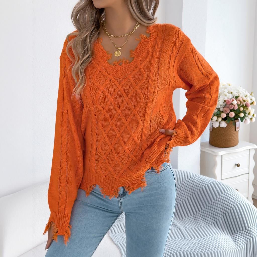 Women's Casual Color V-Neck Cable Knit Long Sleeve Sweater for Everyday Wear