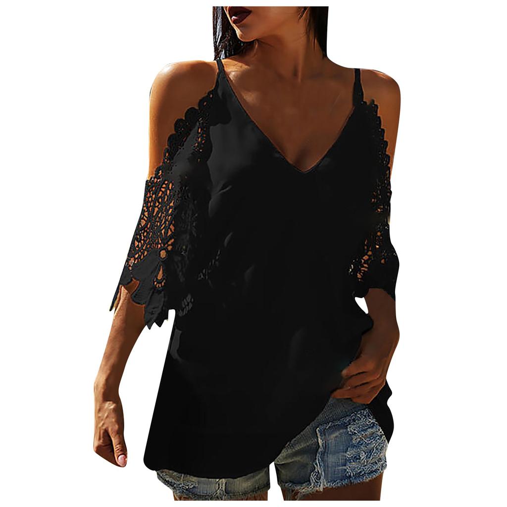 Women's Fashion Loose Lace Hollow Sleeve Sling T-shirt Top Blouse