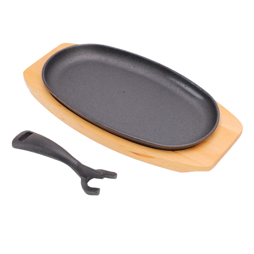 Oval Cast Iron Fajita Skillet Pan Set Small Sizzling Steak Plate with Wooden Base and Handle Sizzling Plate for