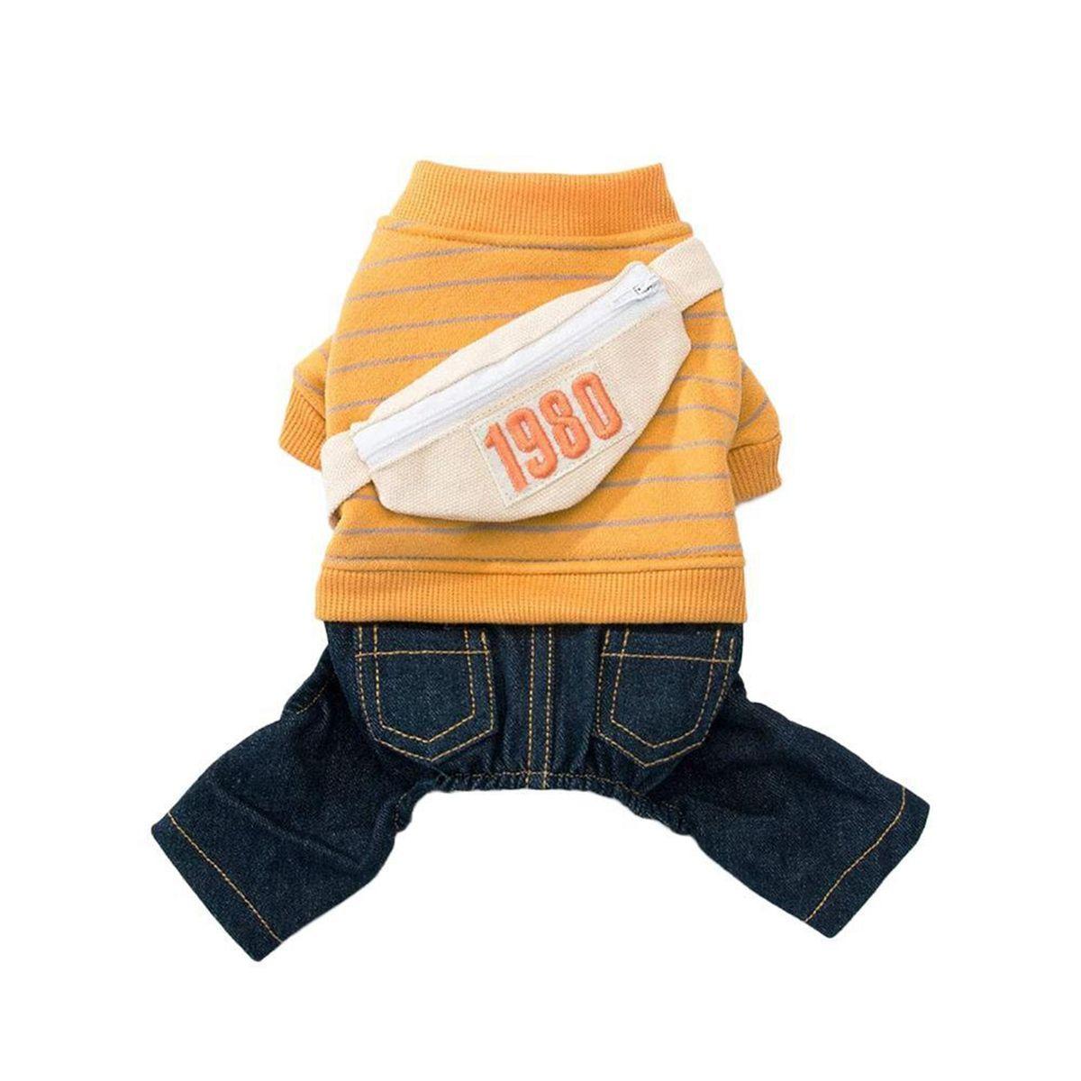 

Зимние милые полосатые теплые брюки, джинсовые джинсы, толстовка для домашних животных, толстовка с капюшоном для собаки, комбинезон для щенка XL жёлтый