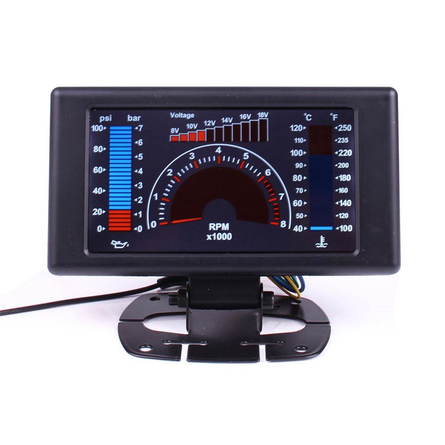 5" LCD 4 In1 Racing Gauge VOLT RPM WATER TEMP OIL PRESS PSI and Bar Car Auto Gauge LED Gauge