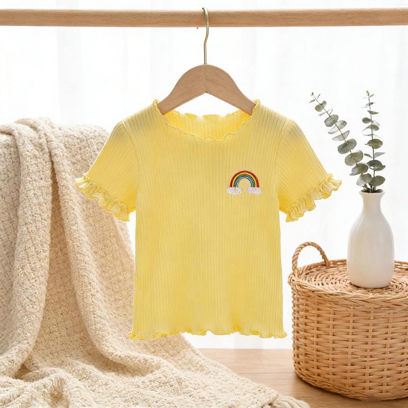 Kids' Cute Cartoon Embroidered T-Shirt - Ice Silk, Short Sleeve, Ruffle Design for Summer