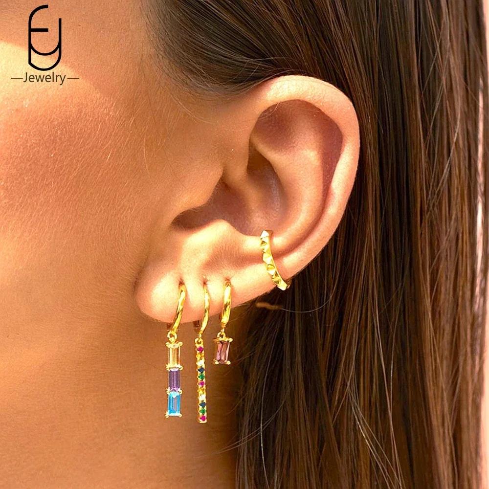 925 Silver Ear Buckles Fashion Hoop Earrings Colorful Crystal Pendants Gold Earring Premium Luxury Women's Jewelry Gift