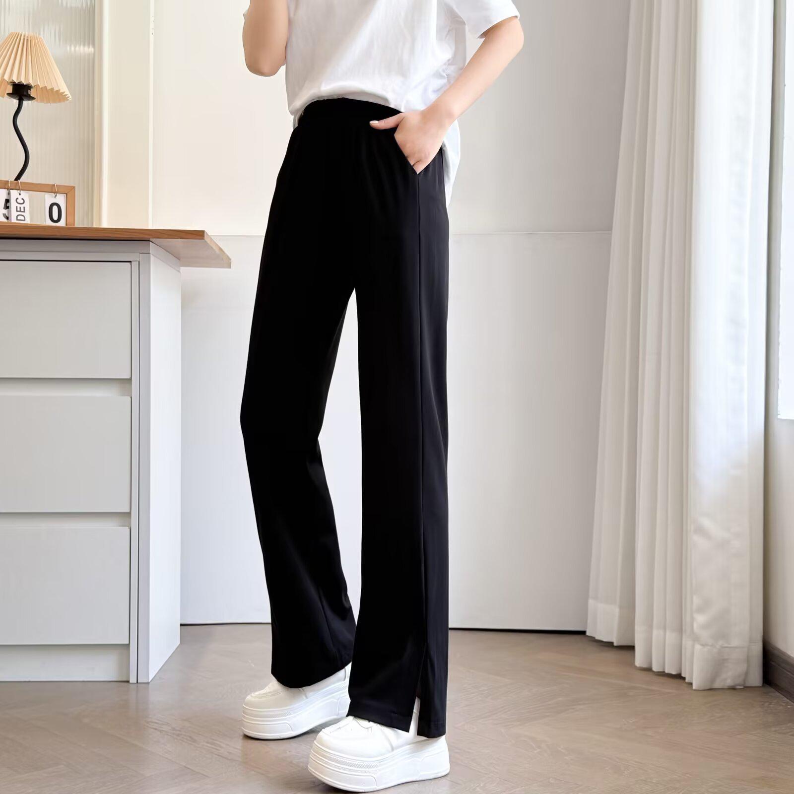 2025 Spring/Summer Plus Size High Waist Slit Pants - Slimming Black Cotton Casual for Women 2XL