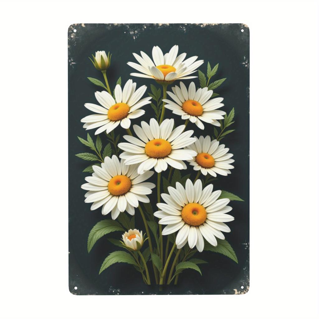 1pc Vintage Metal Wall Art - White Daisies On Dark Blue Retro Tin Painting, 2D Flat Floral Decor for Easter, Mother’s Day, Home