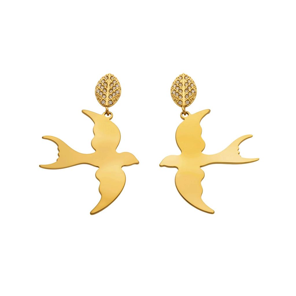 Stainless steel swallow-shaped earrings, 18K gold zircon leaf drop earrings for women, unique design and personalized earrings