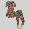 Women Plus Size Printed Two Piece Set Round Neck Short Sleeve Flared Top Capri Pants