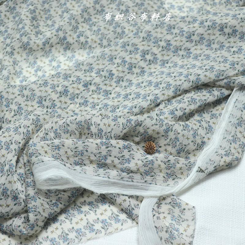 Korean Earthy Blue Floral Pleated Chiffon Fabric for Dress, Top, and Skirt