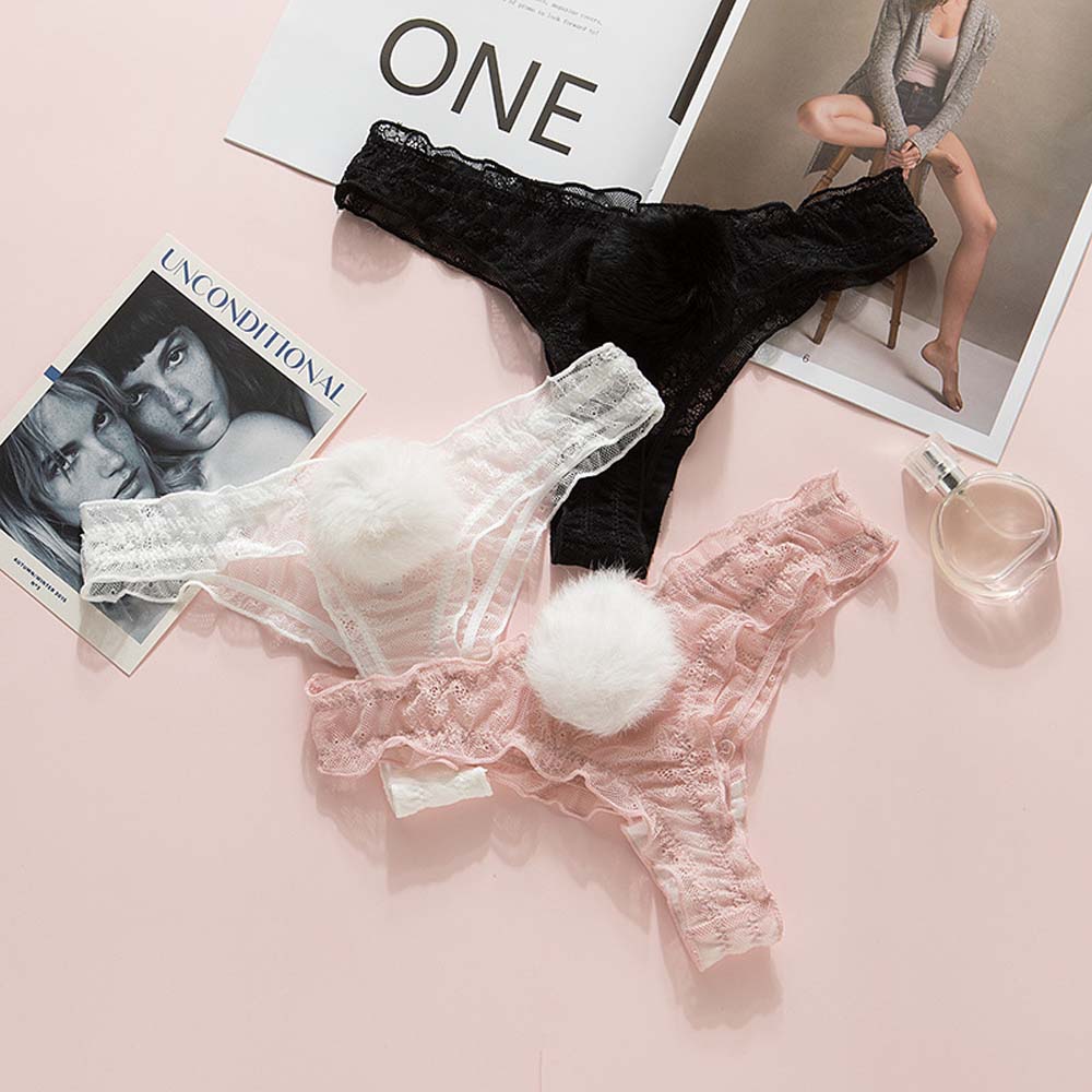 Transparent Rabbit Tail Breathable Low Waist G-string Thong Lace Panties L