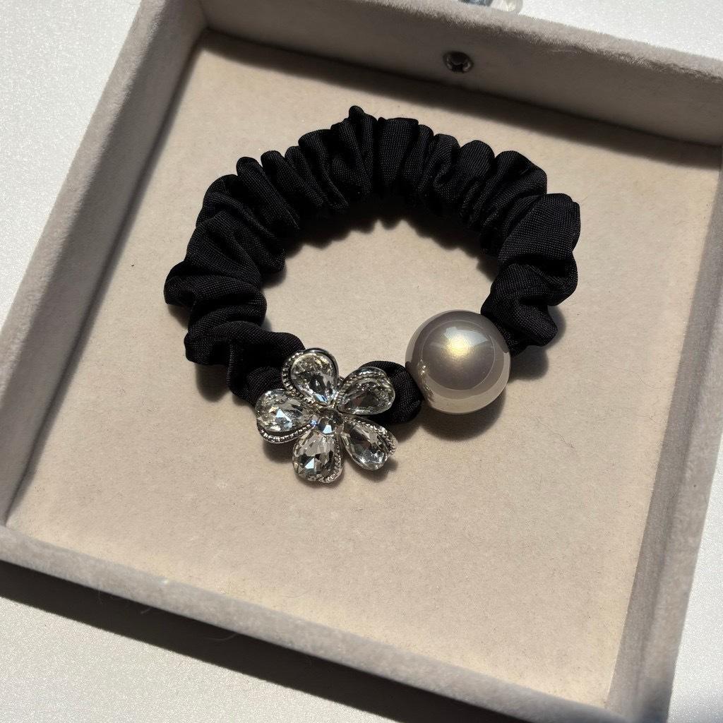 Elegant Rhinestone Pearl Flower Hair Tie - High Elasticity Thick Band for Women