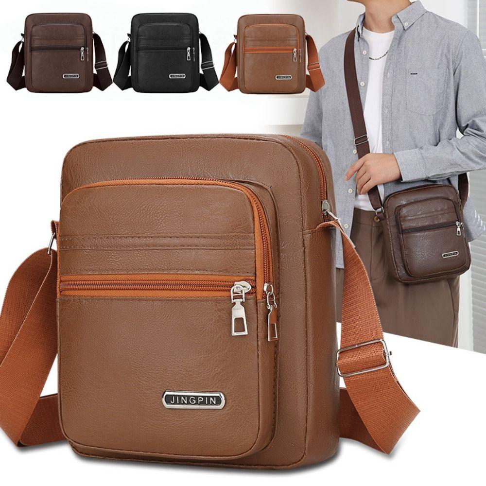Casual PU Leather Crossbody Bag For Men Solid Color Large Capacity Shoulder Bag Multi-pocket Zipper Business Messenger Bag