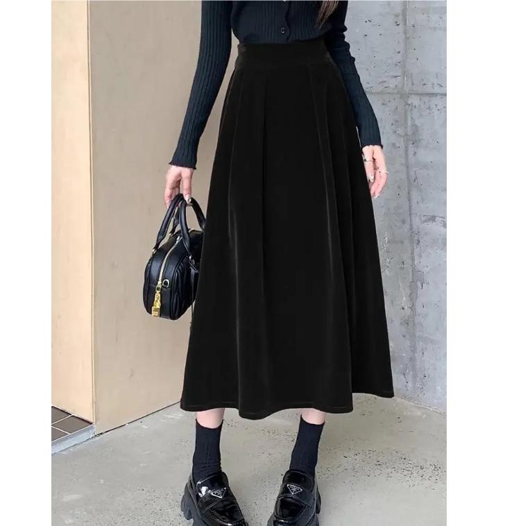 

Autumn Winter Warm Vintage Red Elegant Velvet A-line Skirt for Women High Waist Casual Black Party Pleated Big Swing Skirts XXL чорний