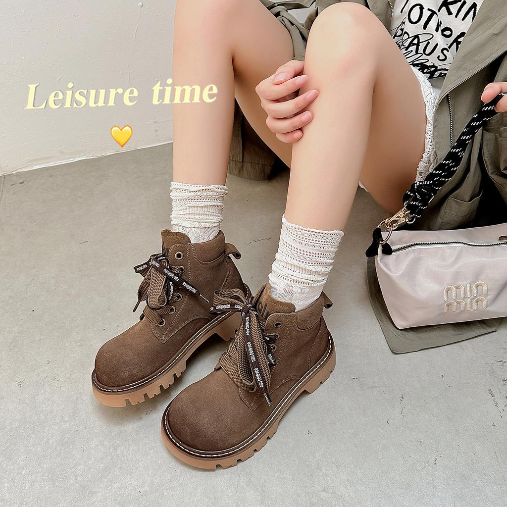 Cowhide version~ genuine leather thick-soled polished Martin boots women's 2025 new British style versatile mandarin duck shoelaces short boots