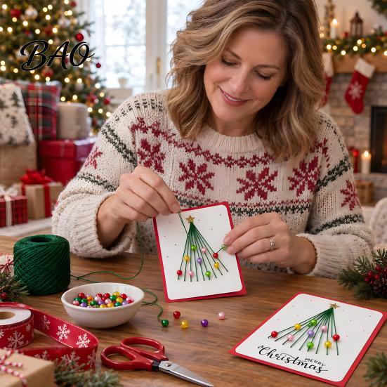 Personalized Christmas Gift Cards Merry DIY Card Kit, Embroidery Stitching Greeting Handmade Making Supplies Set with Tree Design, Beginner-Friendly