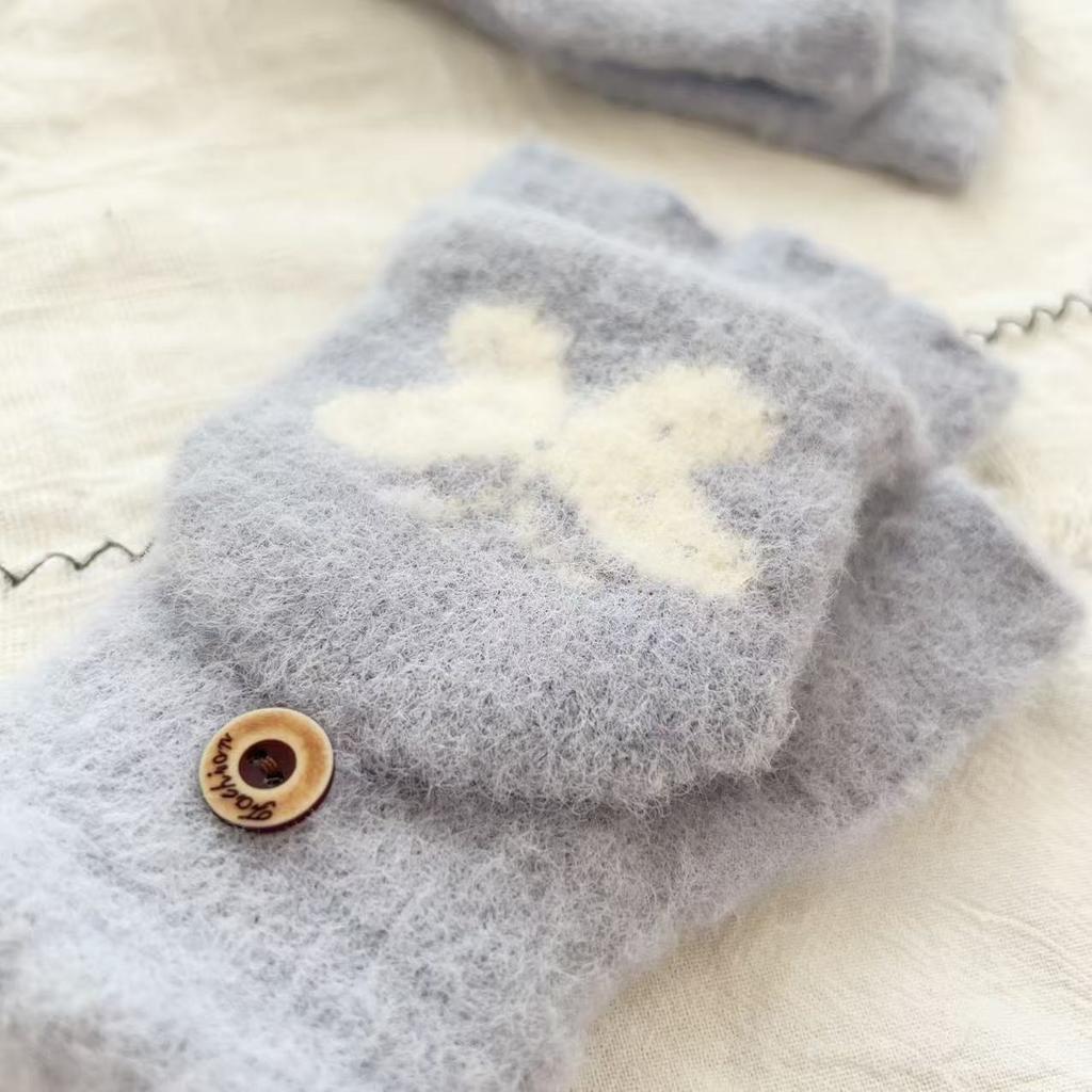 Bow Flip Knitted Gloves New Plush Thickened Cold Proof and Warm Student Fingerless Versatile Cartoon Trend