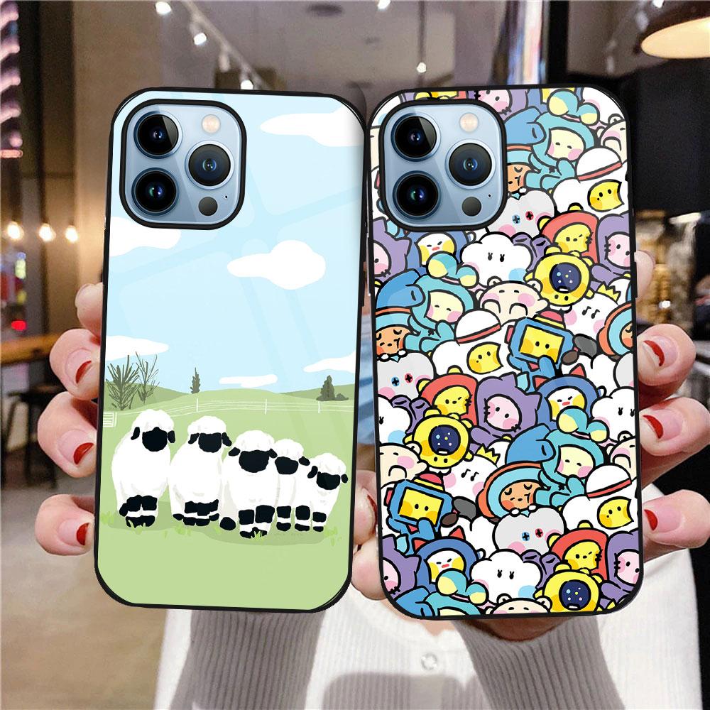 Cartoon Sheep Tempered Glass Case For Iphone 14 13 12 11 Pro Max Mini Xs Xr X 7 8 6s Plus Se 2022 Cover Protection Shell Capinha