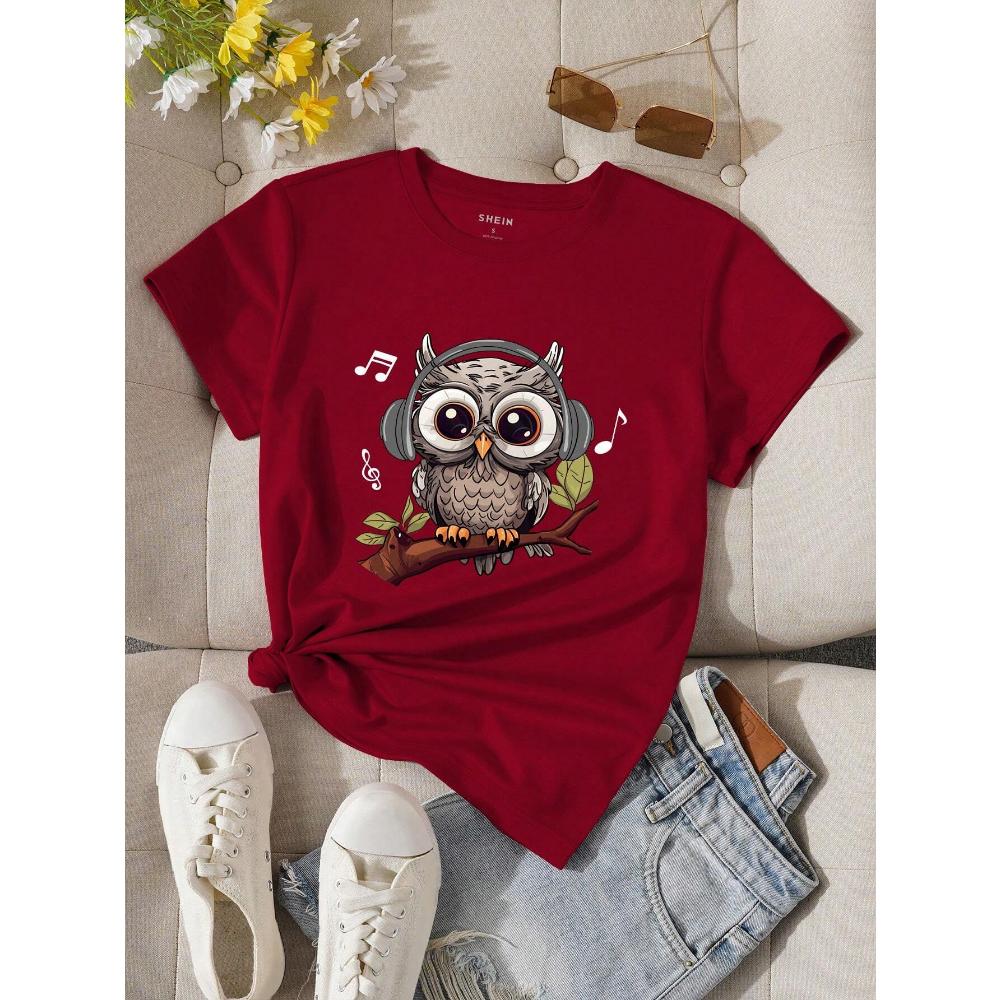 

Женская летняя повседневная футболка с круглым вырезом и коротким рукавом с принтом мультяшной совы XL
