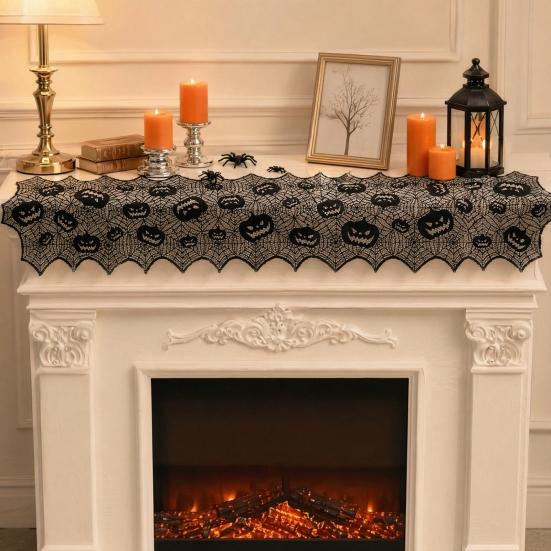 Halloween Tischläufer, 70 x 15 Zoll Schwarzer Spitzen-Spinnennetz-Tischläufer, Gruselige Gotische Kürbis-Esstischdekoration für Halloween-Küchendekor,