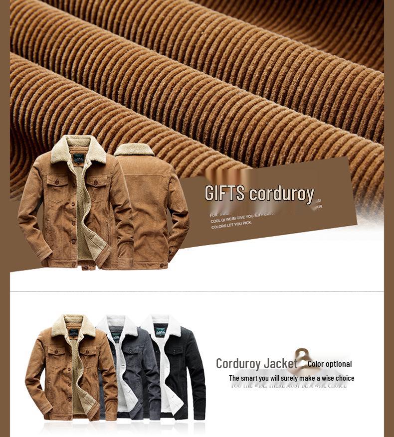 Men's Retro Corduroy Lambswool Jacket - Thickened, Fleece-Lined Cotton-Padded Coat for Autumn and Winter.