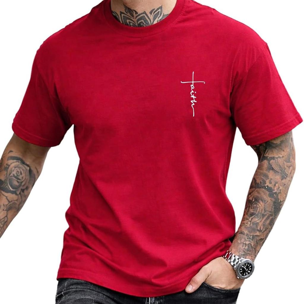 T-shirt Casual Manches Courtes Col Rond Minimaliste Homme Imprimé Lettre Manuscrite Croix de Foi
