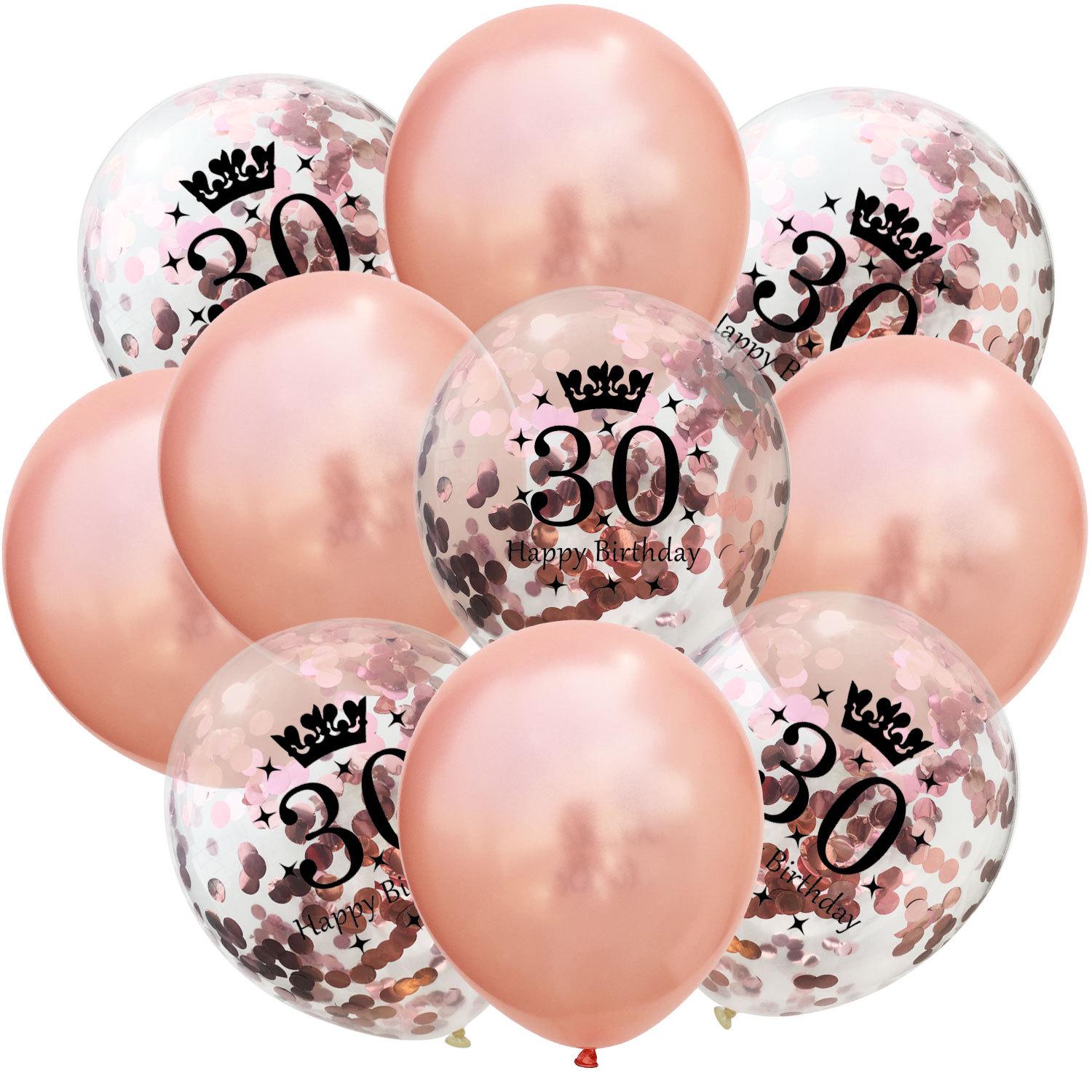 

12-Inch Rose Gold Confetti Crown Balloons, 10-Pack: Ideal for 30th-50th Anniversaries and Birthdays, Transparent with Glitter Latex.