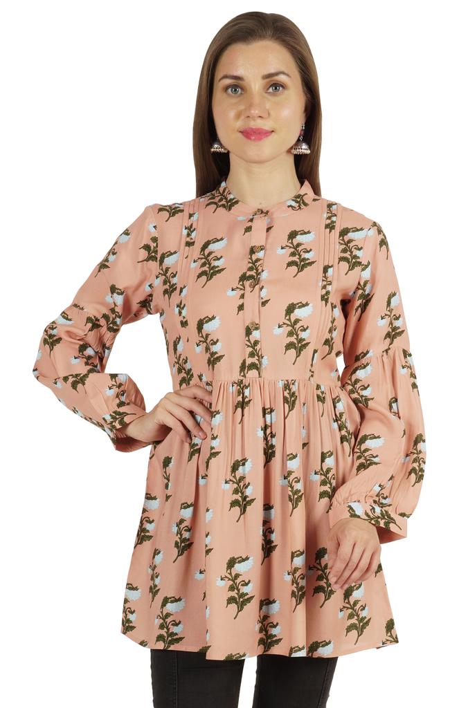 Moomaya Printed Womens Full Sleeve Tunic Mandarin Collar Fit & Flare Long