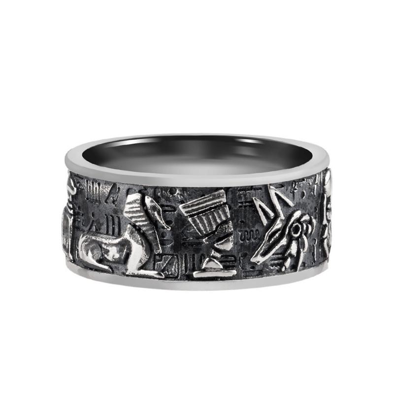 Reliéfní egyptský bůh Horus Anubis Retro stříbrný prsten Moderní pánský prsten