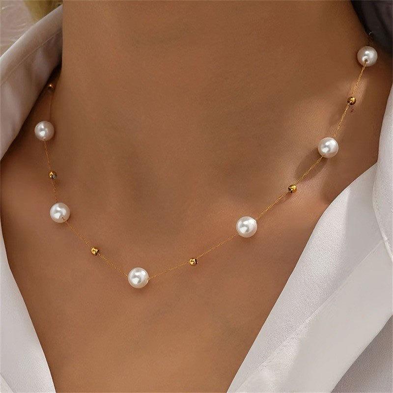 

Imitation Pearl Necklace for Women Simple Fashionable Light Luxury and Cold Style Metal Ball Clavicle Chain Jewelry 1Pcs золотий